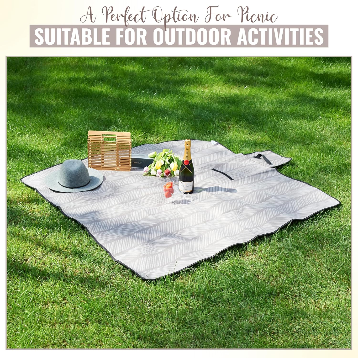 iN Premium Picnic Blanket Waterproof Backing - Waterproof Picnic Mat with Carrying Handle - Sand proof - Machine Washable -Generous Size 132cm x132cm - Image 3