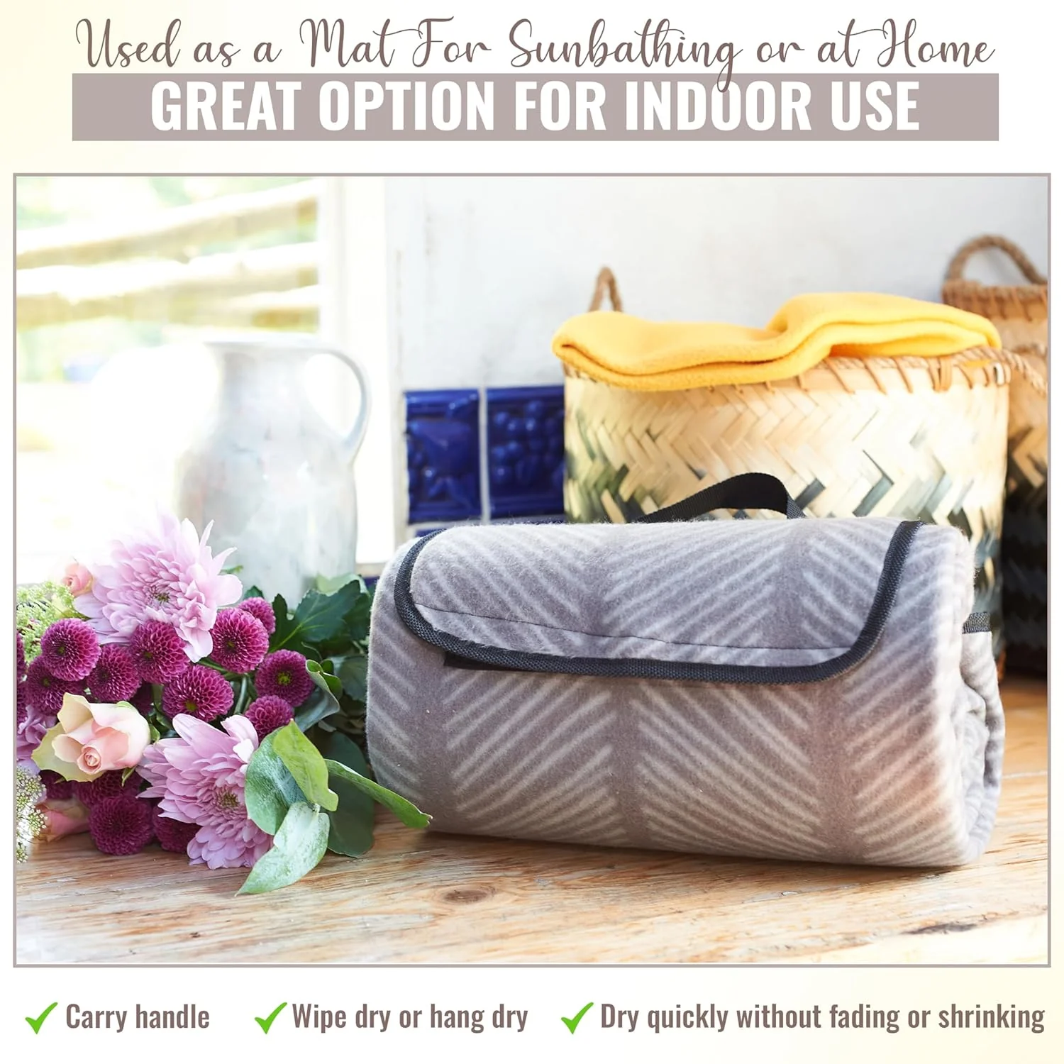iN Premium Picnic Blanket Waterproof Backing - Waterproof Picnic Mat with Carrying Handle - Sand proof - Machine Washable -Generous Size 132cm x132cm - Image 4