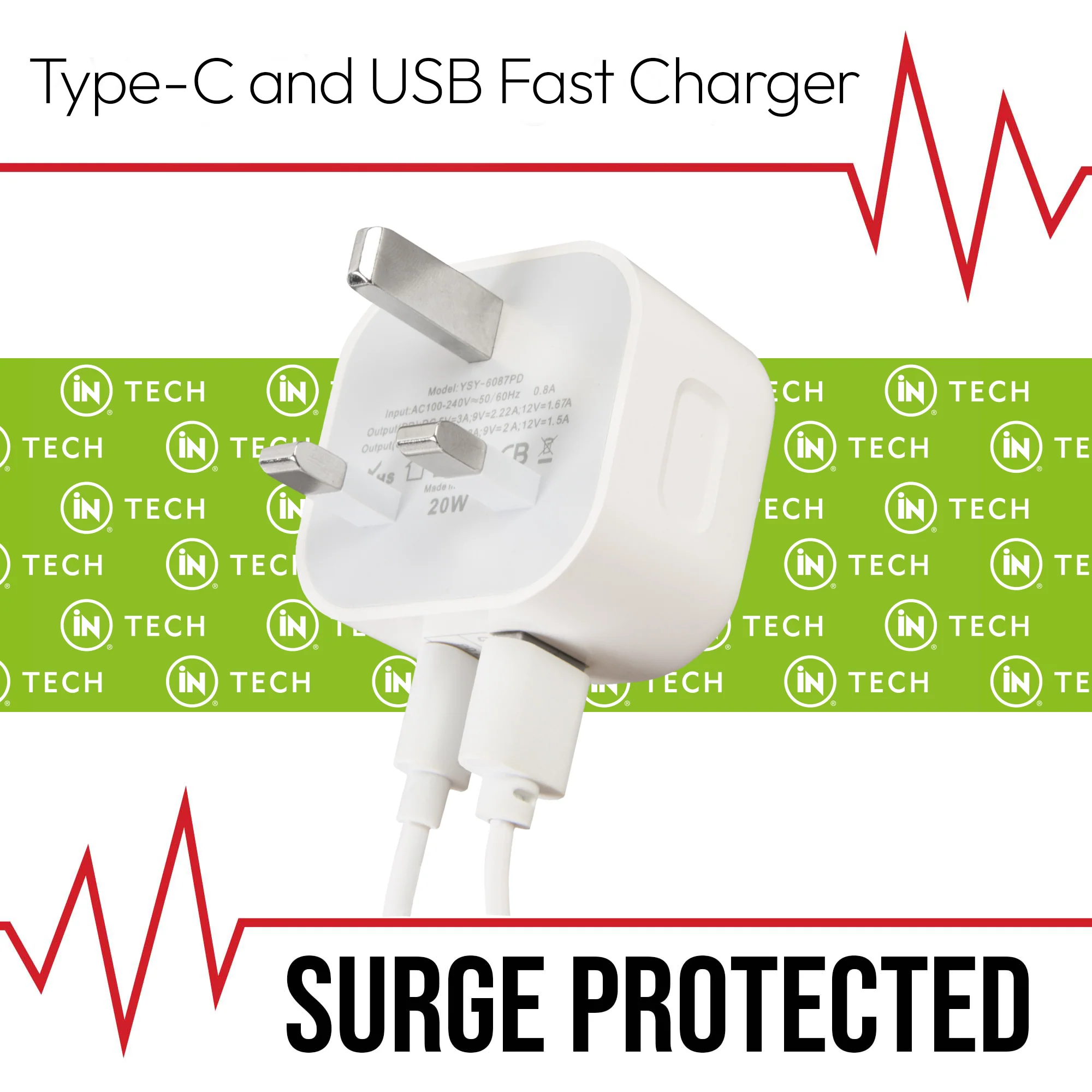 iN Tech 20W Type C and USB Fast Charger Compact Double Plug Adapter - Image 4