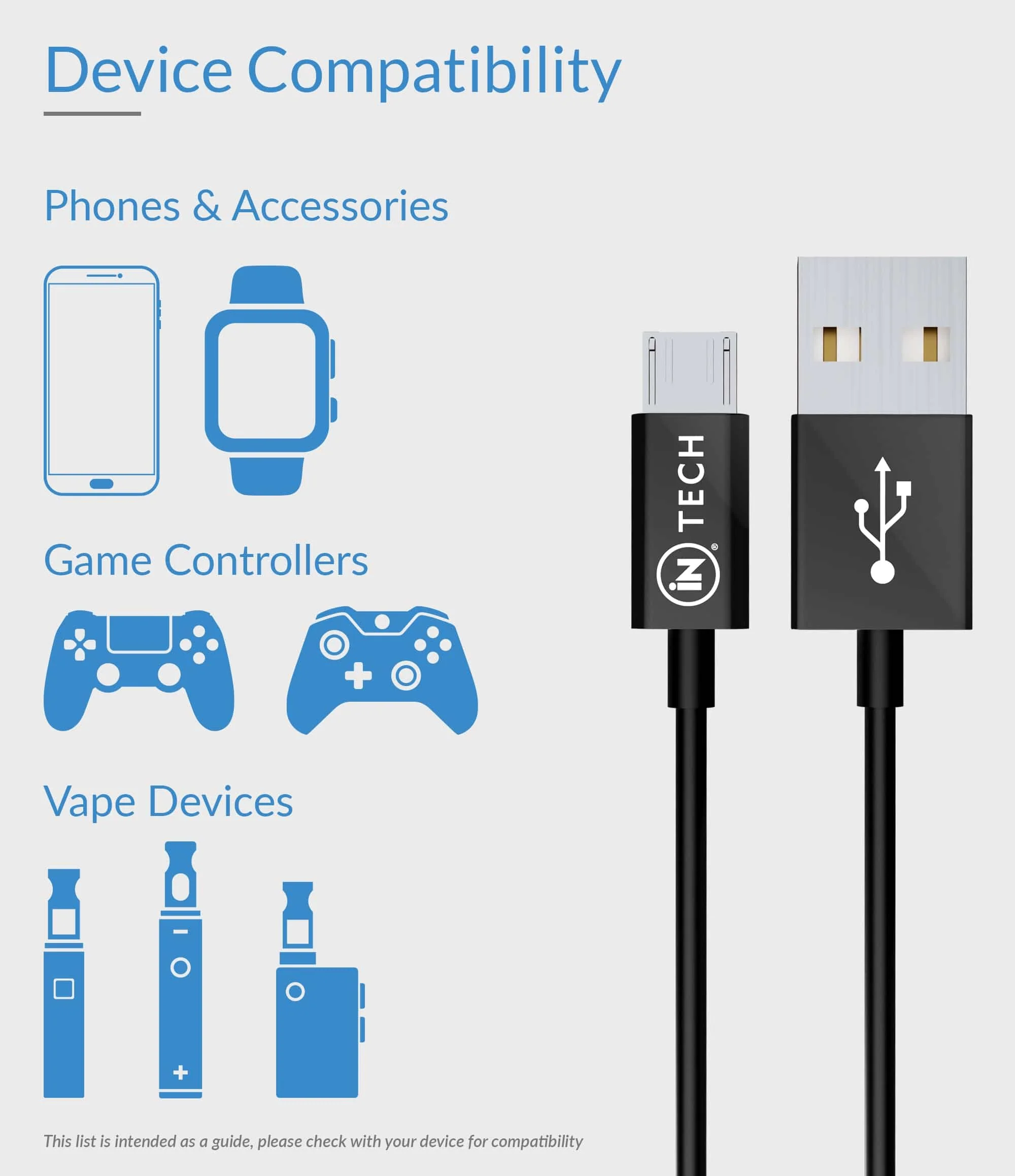 Micro USB Cable Charger and Data Transfer Cable 1.2m (Black) - iN Tech - Image 4