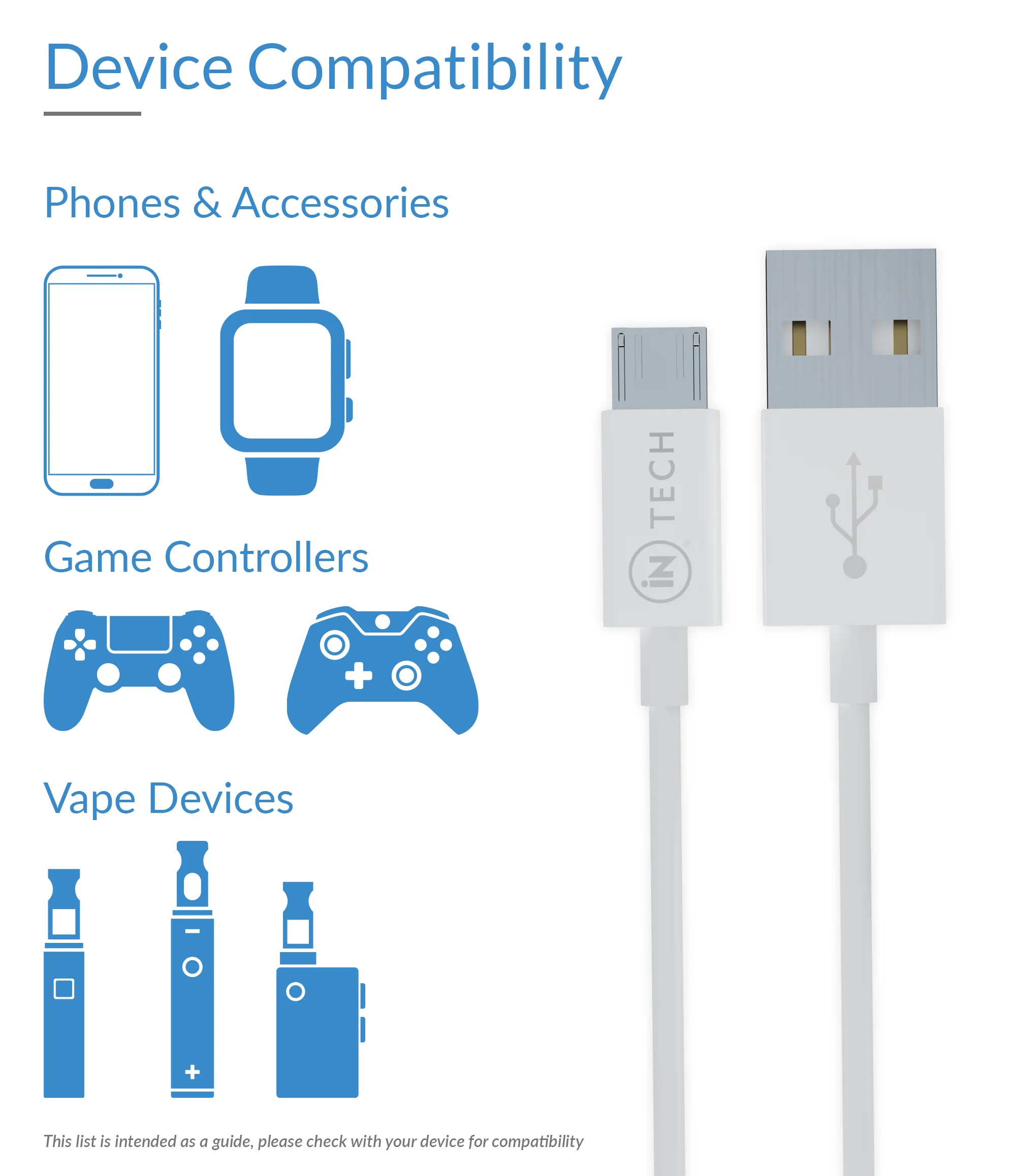 Micro USB Cable Charger and Data Transfer Cable 1.2m (White) - iN Tech - Image 3