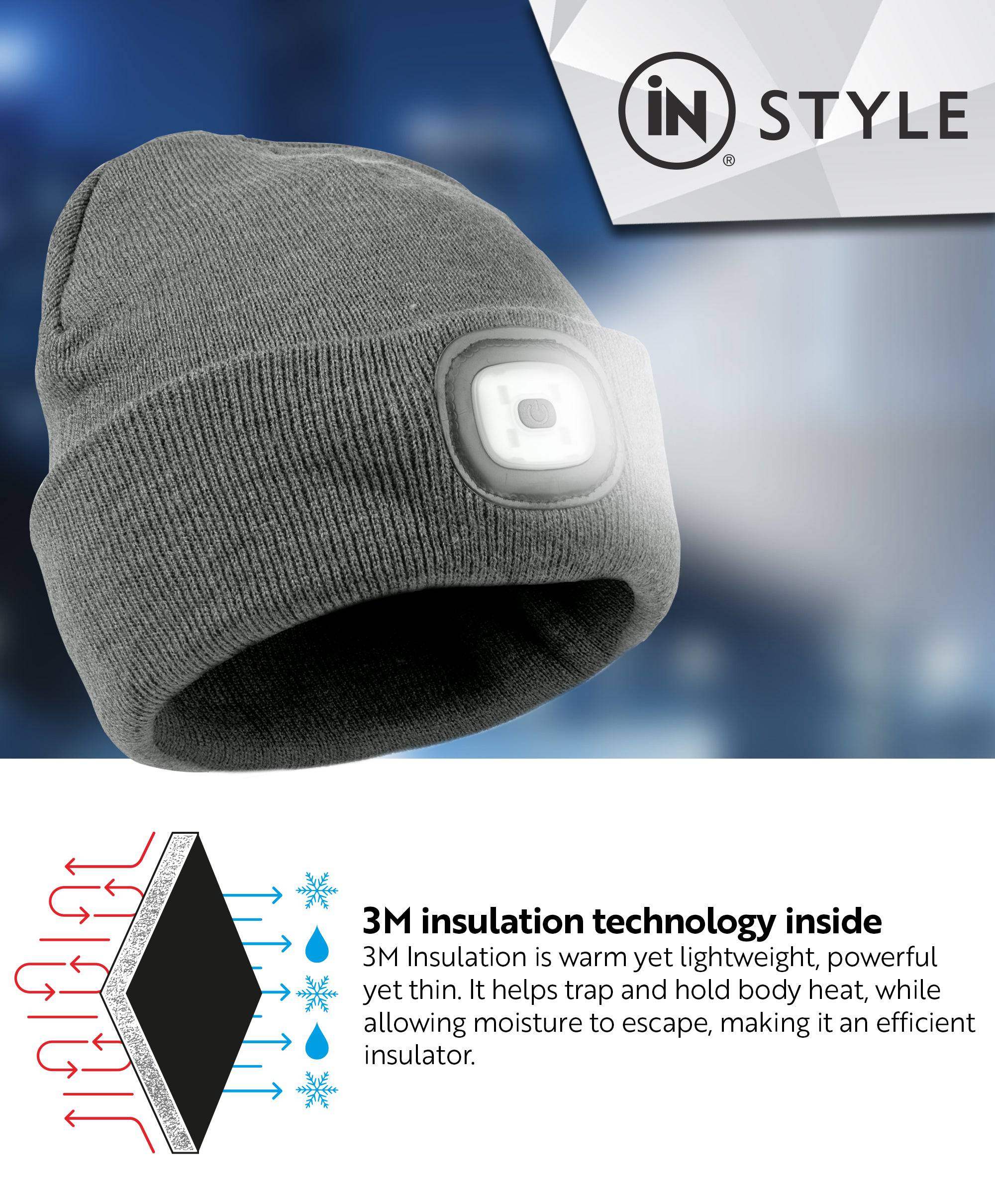 Rechargeable LED Light Thinsulate Beanie Hat (Unisex) (Grey) - iN Style - Image 3